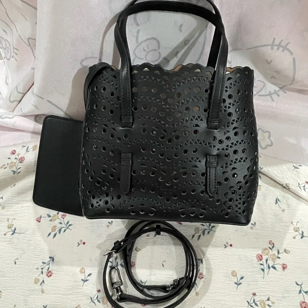 Alaia Black Laser-Cut Tote with Detachable Strap and Pouch